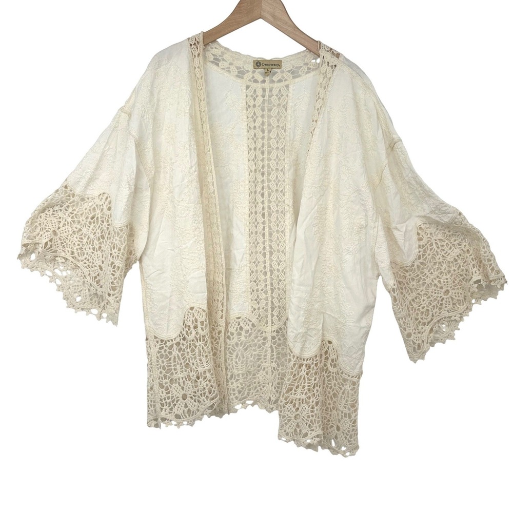 Democracy Kimono Cardigan Womens L Cream Crochet Lace Embroidered Boho Festival